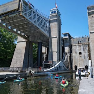 Lift lock on the Trent River at Peterborough, Canada, built in 1904, is the world's largest.