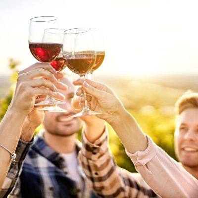 Happy people enjoying harvest time together at farmhouse winery countryside - Youth and friendship concept - Toasting red wine glass at vineyard before sunset - Focus on the wine glass