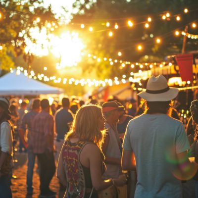 Wine festival celebration, a lively and colorful scene capturing people celebrating at a wine festival with booths.