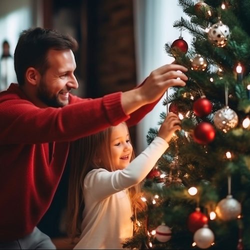 Happy father and his little daughter decorate the Christmas tree at home. Christmas lights. Selective focus. Blurred background