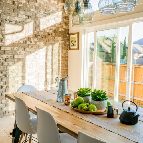 kitchen with brick wall in subdivision