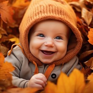 Baby in autumn leaves happy smiling to camera, kids during fall weather